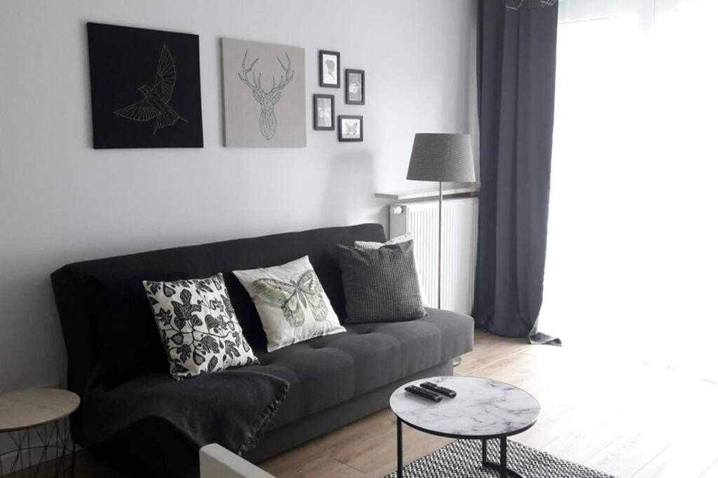 - un salon avec un canapé et une table dans l'établissement Lux Apartment close to Medicover and Paley, à Varsovie