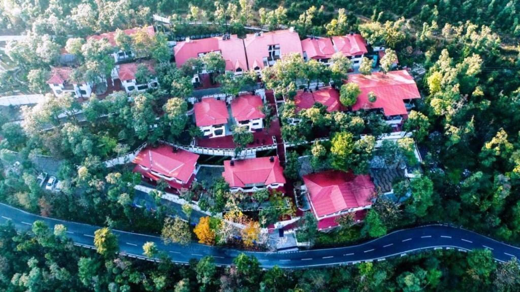 馬蘇里的住宿－Surbee Resort Mussoorie，享有红色屋顶房屋的空中景致
