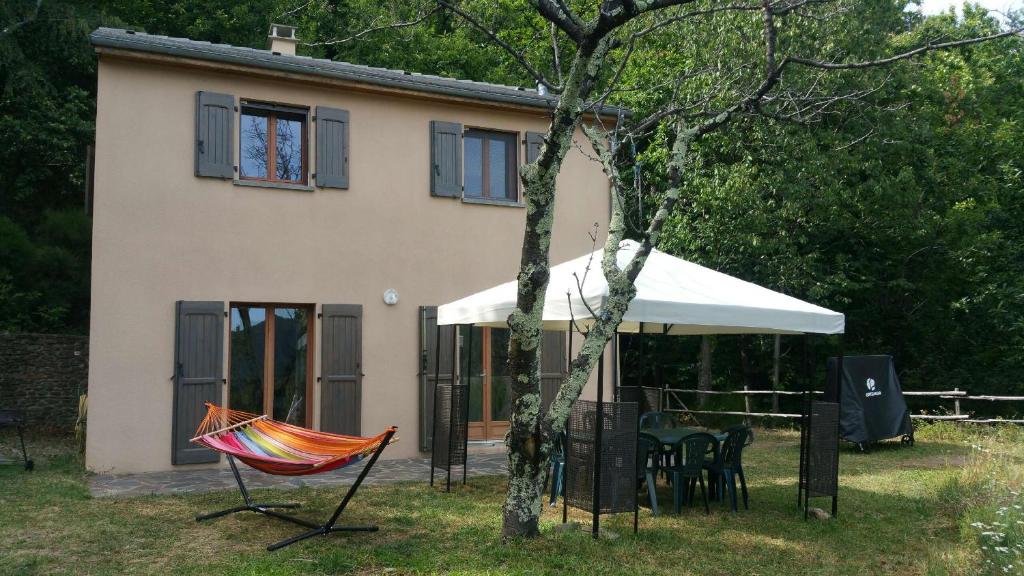 a house with a hammock in front of it at Maison Familiale en Cévennes in Le Salson