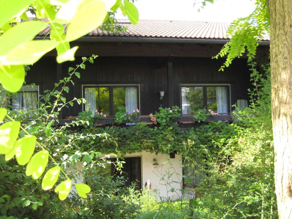 a house with windows with flowers on it at Haus an der Therme in Bad Endorf
