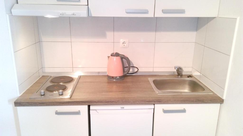 eine Küche mit einer Spüle und einem Wasserkocher auf der Theke in der Unterkunft Comfortable Studio in Sumartin with Sea View - 22 m² in Sumartin