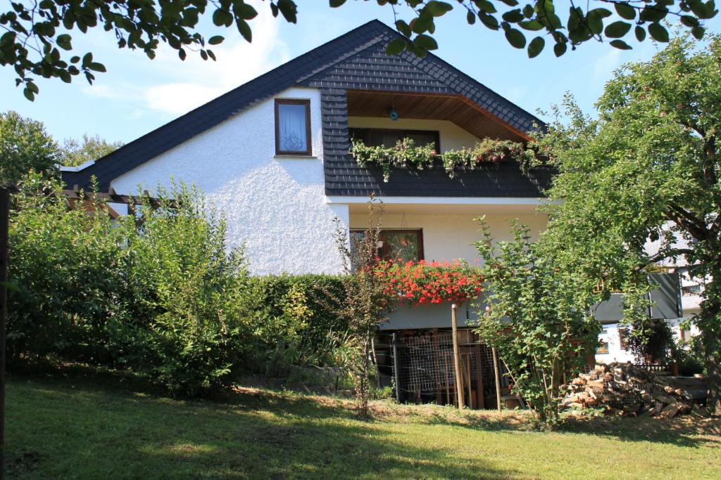 ein Haus mit einem Fenster mit Blumen darauf in der Unterkunft Ferienwohnung Klosterberg in Lehmen