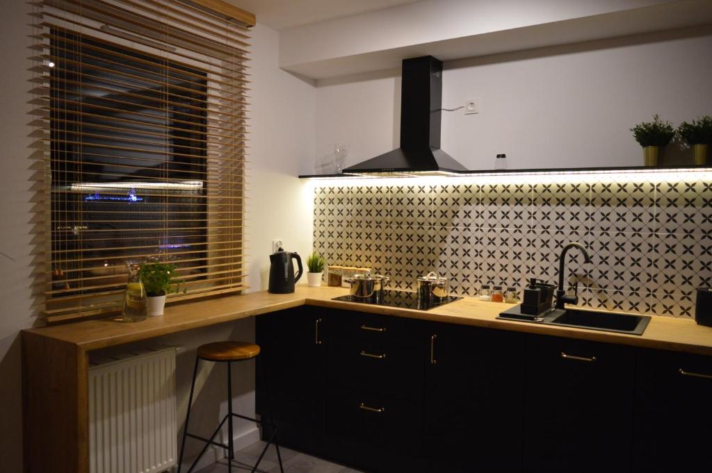 a kitchen with a sink and a counter top at Apartament M&I in Koszalin