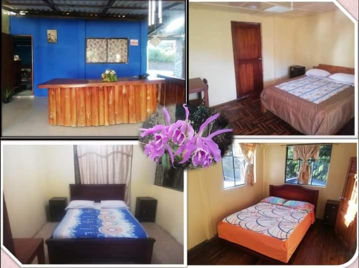 three pictures of a bedroom with two beds and a table at HOTEL VALLE SAGRADO in Vilcabamba