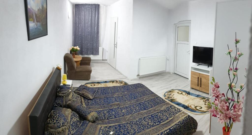 a bedroom with a bed and a living room at Casa Cristea in Daneş
