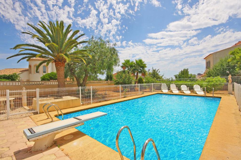 a swimming pool with chairs and a palm tree at Villa Paolo in Calpe