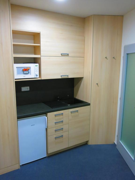 a kitchen with wooden cabinets and a white appliance at Elmontex Air in Mošnov