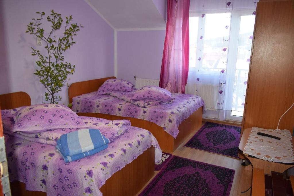 sypialnia z 2 łóżkami z purpurową pościelą i oknem w obiekcie Casa Emilia w mieście Vatra Dornei