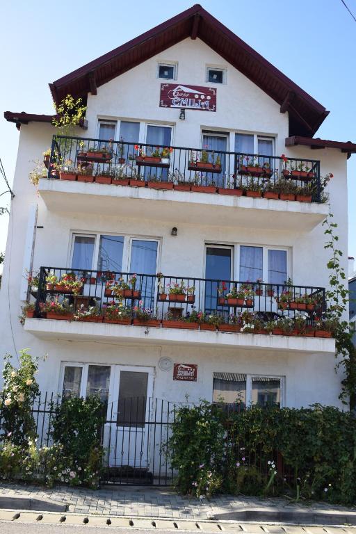 a white building with balconies and plants on it at Casa Emilia in Vatra Dornei