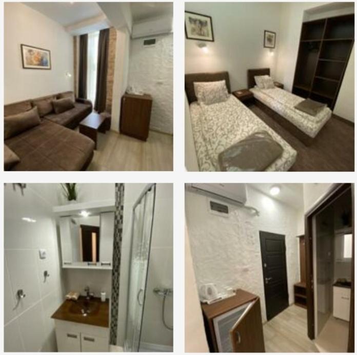 four different pictures of a hotel room at Apartmani Diksi 2 CENTAR in Zrenjanin