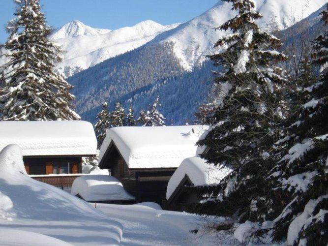 a house covered in snow with trees and mountains at Superb apartment with views of the Alps in Bellwald