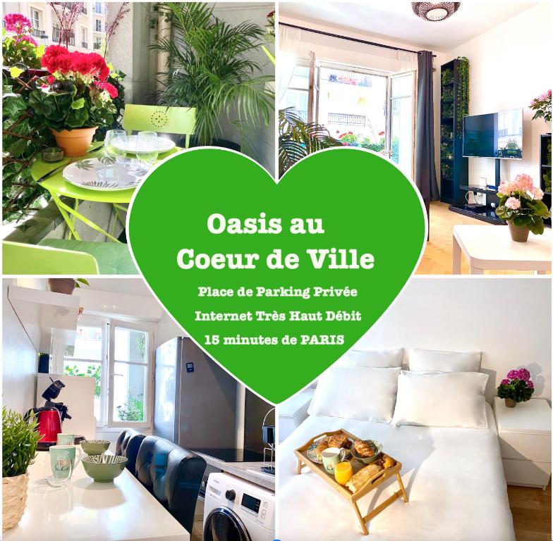 een collage van foto's van een kamer met een bank en een tafel bij Oasis au Coeur de Ville in Le Plessis-Robinson