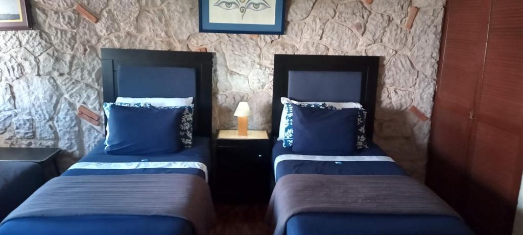 2 camas con almohadas azules en una habitación en Habitación amplia cerca de Andares en Guadalajara