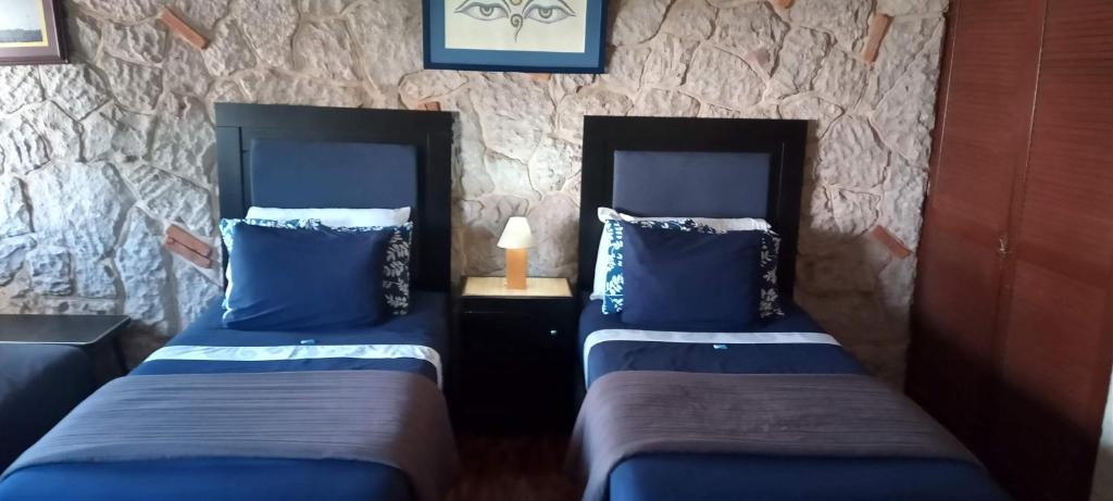 2 camas con almohadas azules en una habitación en Habitación amplia cerca de Andares, en Guadalajara