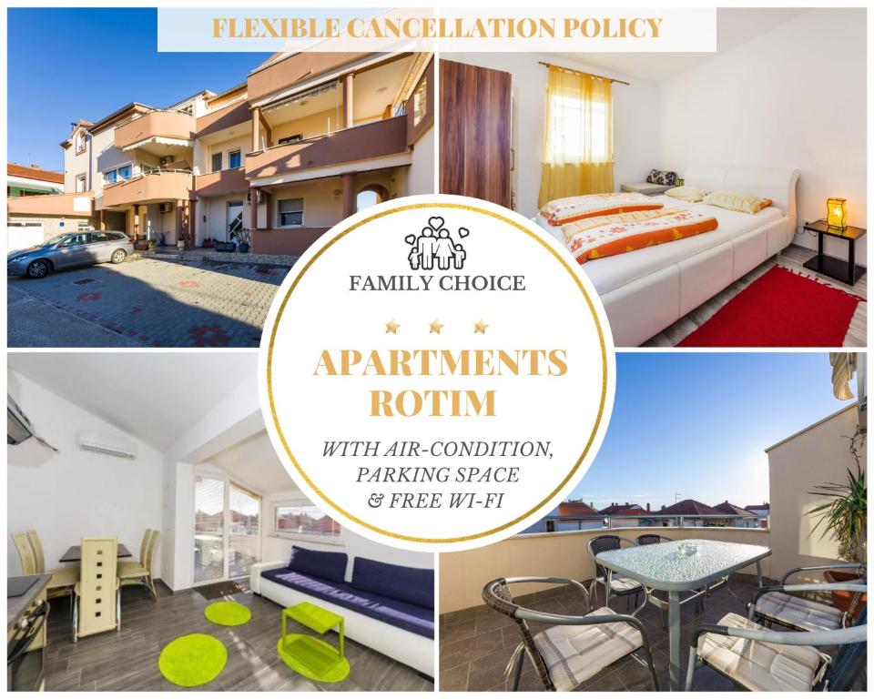 a collage of photos with a hotel room and a sign at Apartments Villa Rotim in Zadar