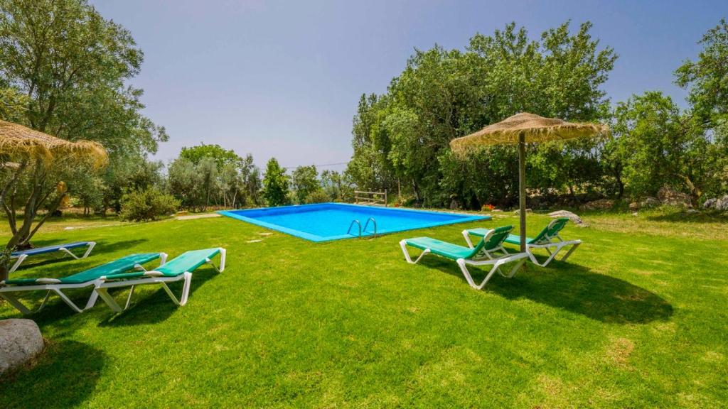 a yard with a swimming pool with chairs and umbrellas at Cortijo La Monja Antequera - La Higuera by Ruralidays in Antequera