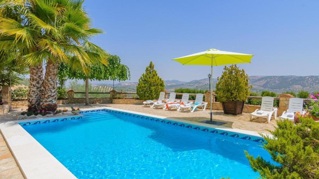 uma piscina com uma palmeira e um guarda-sol em Mirador de Casablanca Priego de Cordoba by Ruralidays em Priego de Córdoba