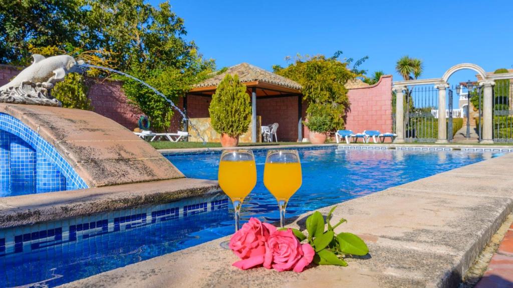 2 verres à champagne assis à côté d'une piscine dans l'établissement Villa Rocio Setenil de las Bodegas by Ruralidays, à Setenil de las Bodegas