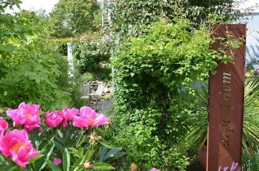 um jardim com flores cor-de-rosa e um cartaz em Ferienwohnung Omert em Ehrenberg