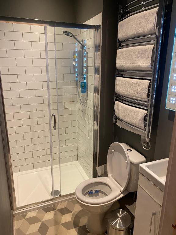 a bathroom with a toilet and a shower with towels at Eleanor Rigby apts Stanley Street in Liverpool