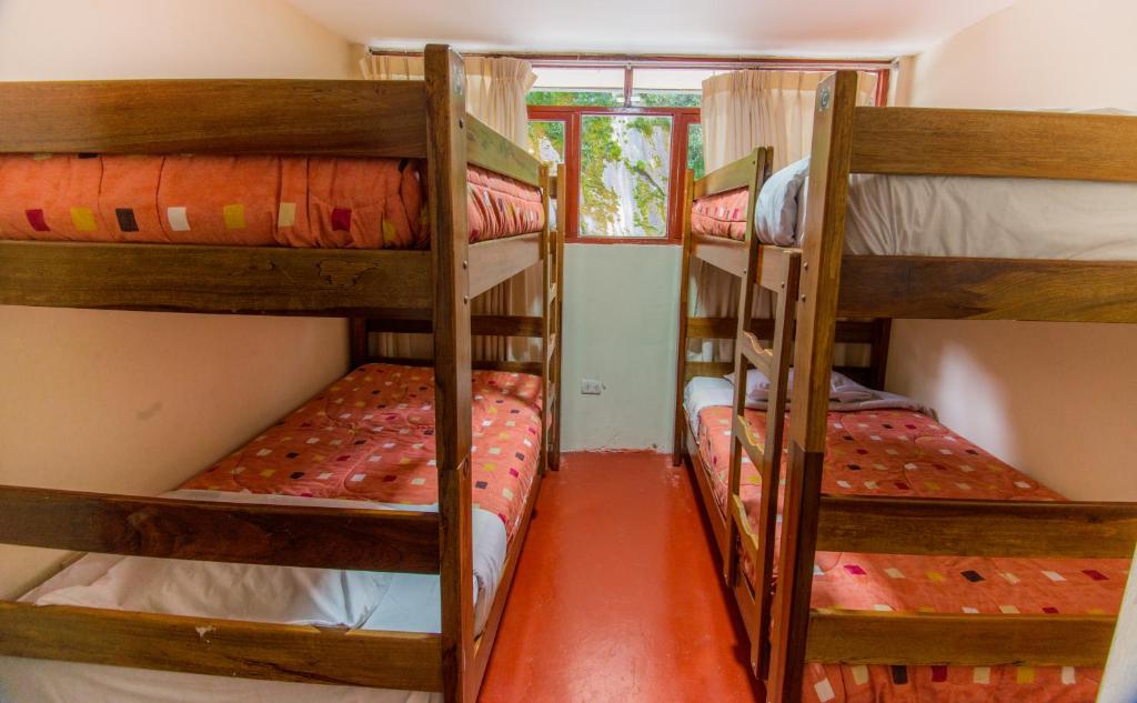 マチュピチュにあるカーサ マチュピチュ ホステルのホステル内の二段ベッド3組が備わる客室です。