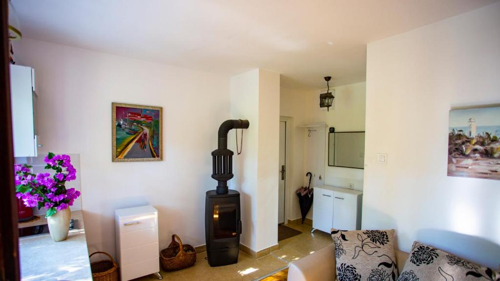 a living room with a wood stove in a room at Уютная квартира в тени старого дуба in Becici