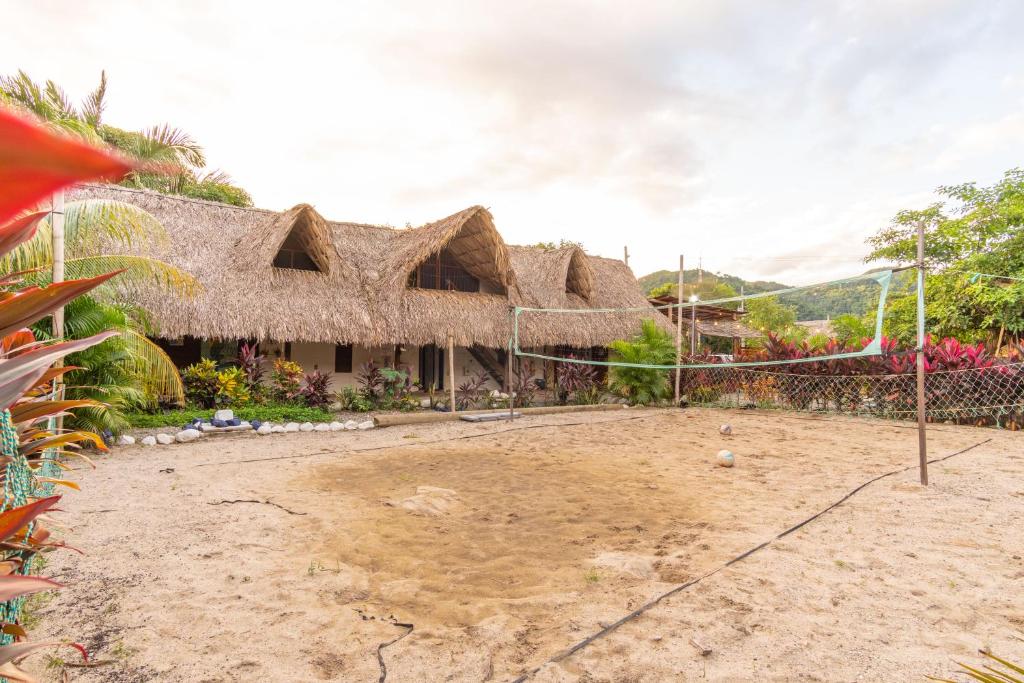 a volleyball court in front of a thatched house at El Zoo Hostel, Bar & Pool in Palomino