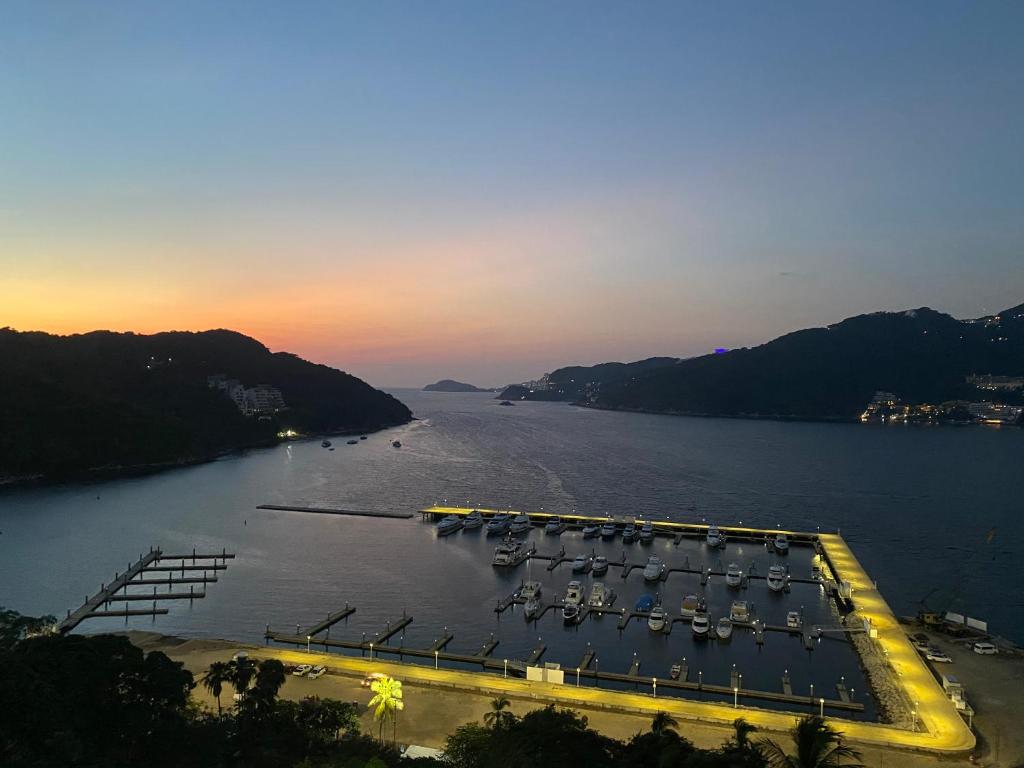 a view of a marina with boats in the water at Departamento con Preciosa Vista al Mar en Acapulco Diamante in Acapulco
