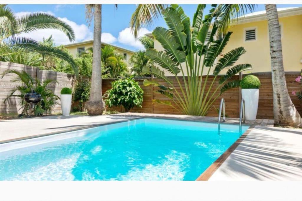 a swimming pool in front of a house with palm trees at Villa Magellan, walkable Orient Bay beach, private pool in Orient Bay