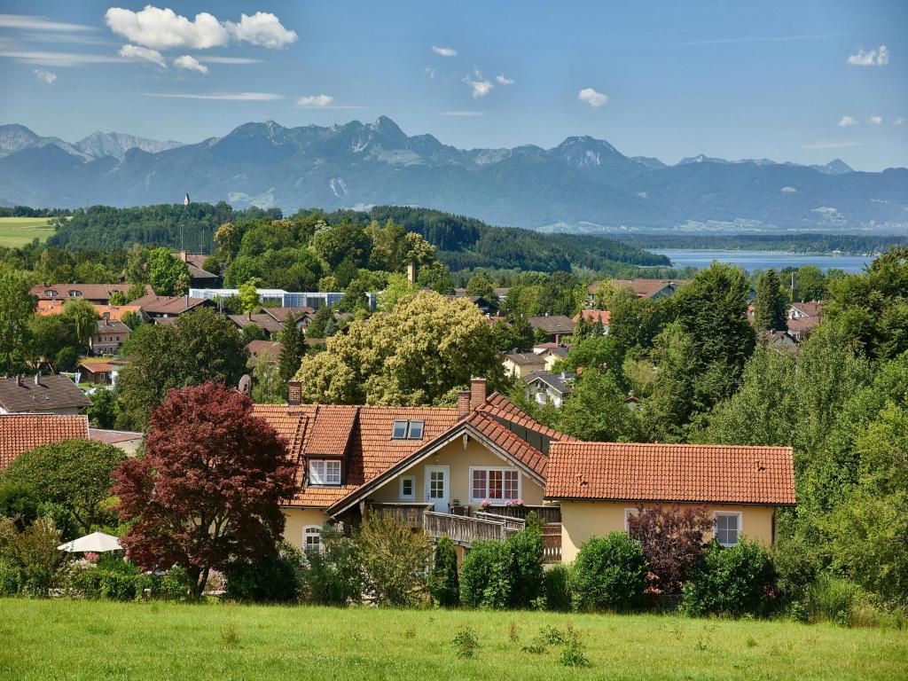 a house in a village with mountains in the background at Ferienwohnung Linde in Bad Endorf