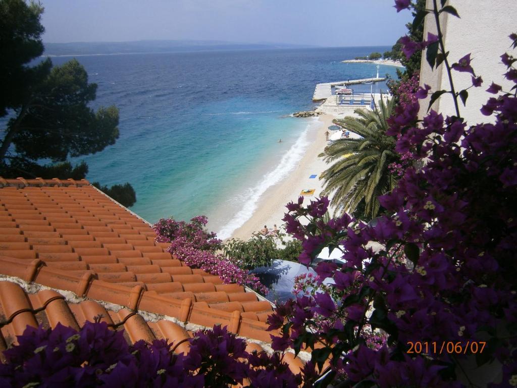 a view of a beach and the ocean with purple flowers at Guesthouse Seaview in Brela