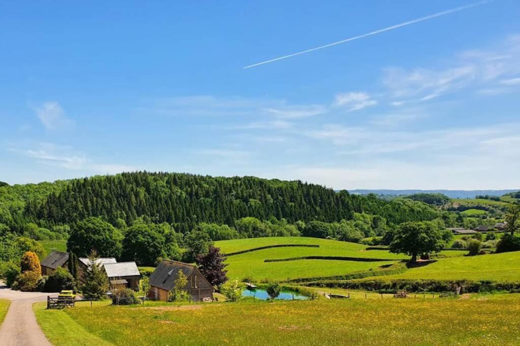 a view of a green field with trees and a road at Cae Hedd Holiday Cottages in the heart of Monmouthshire in Llanfaenor