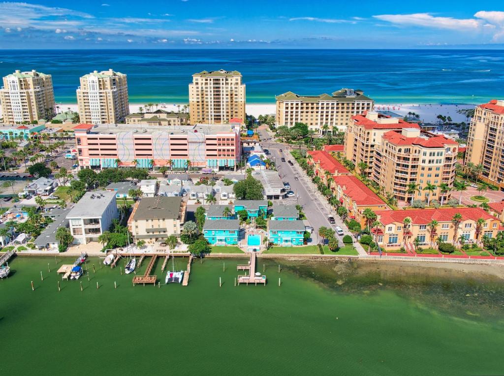 an aerial view of a city with a body of water at Cute One Bedroom at The Coral Resort apts in Clearwater Beach