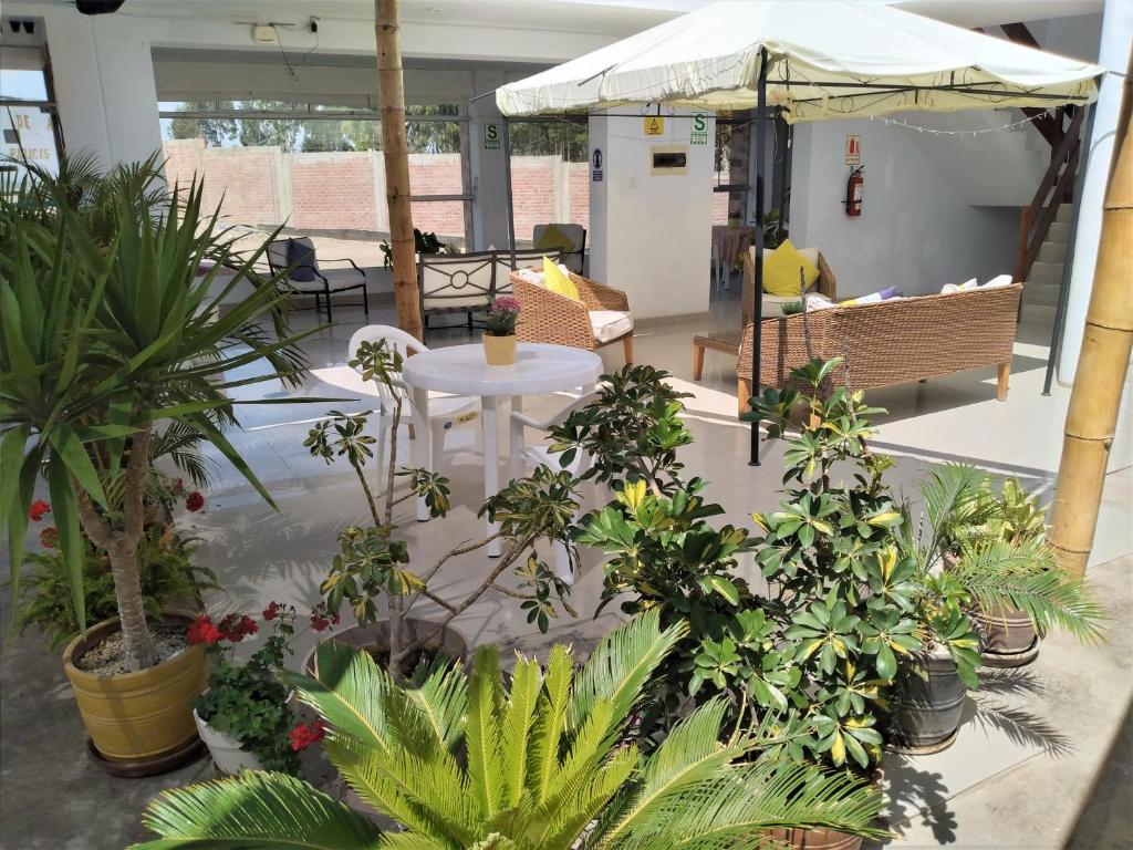 a patio with plants and a table with an umbrella at Icthus Paracas in Paracas