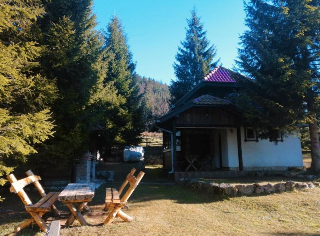 una mesa de picnic y sillas frente a una cabaña en Kućica za odmor '' Idila '' en Mitrovac