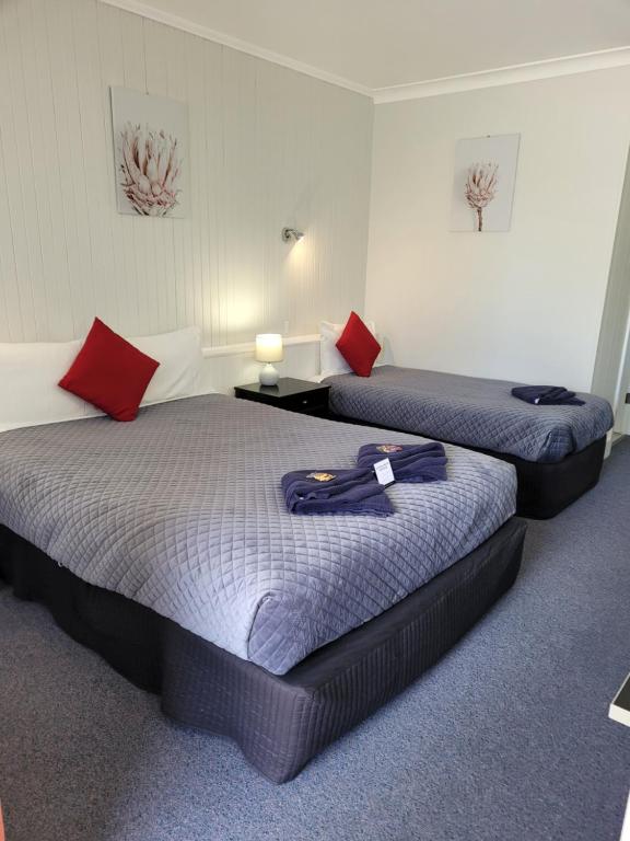duas camas num quarto de hotel com almofadas vermelhas em Glynlea Motel em Horsham