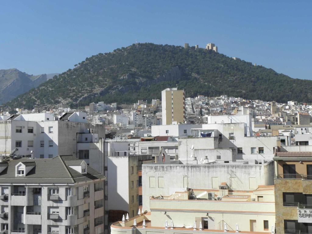 a city with buildings and a mountain in the background at Libertad 8 alojamiento turistico in Jaén