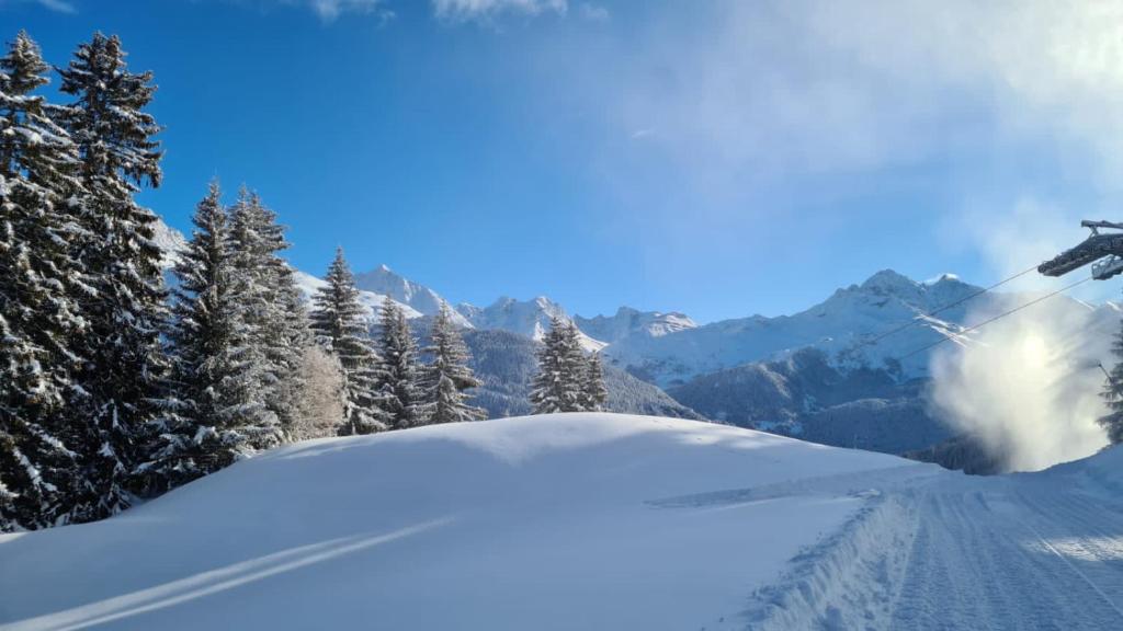 a skier is skiing down a snow covered slope at Chalet Wulli in der Nähe der Skianlagen Savognin in Savognin