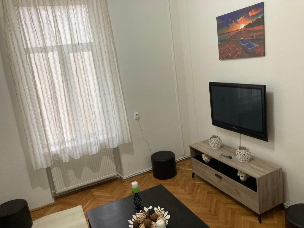 a living room with a flat screen tv and a table at Irina Apartments in Piteşti