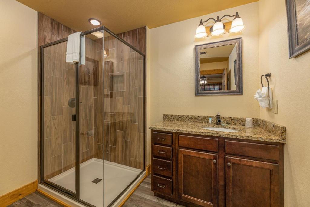 a bathroom with a shower and a sink at BearVue Point chalet in Gatlinburg