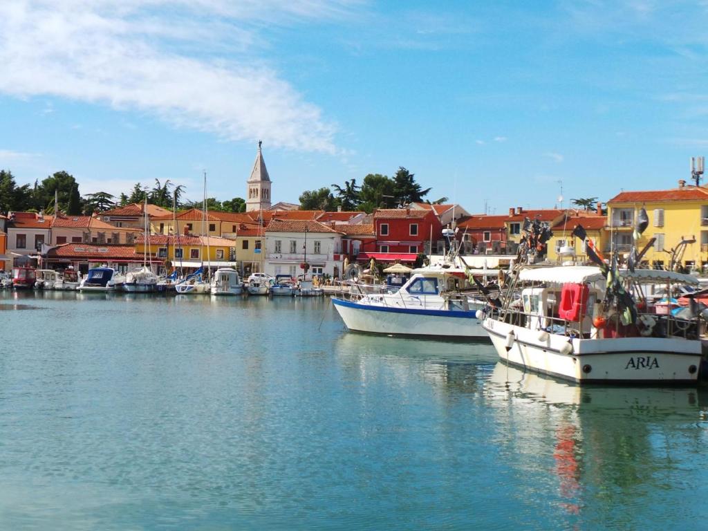 two boats are docked in a harbor with buildings at Apartment Valbandon, Istria 5 in Valbandon