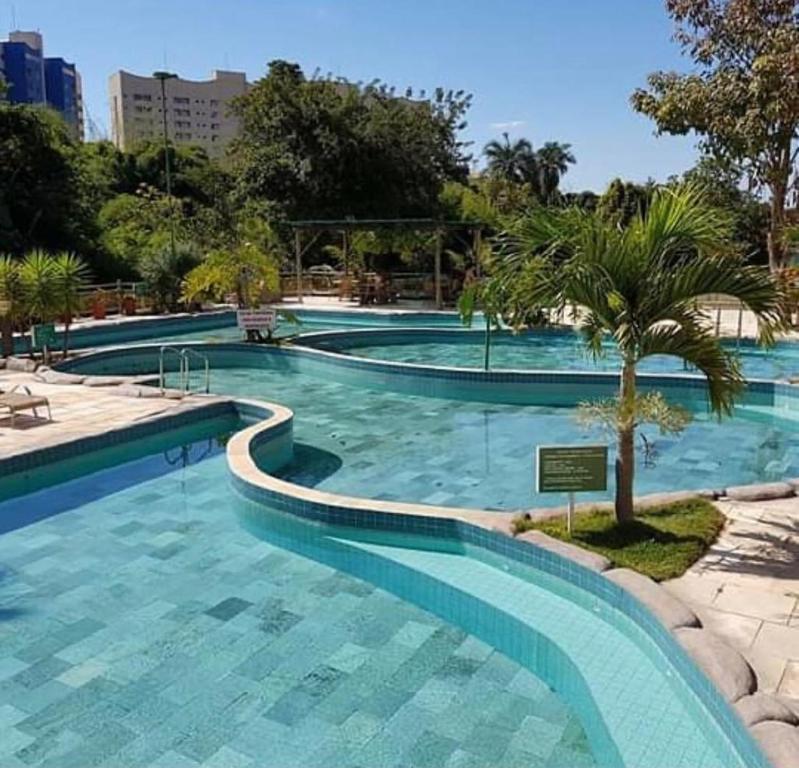 een groot zwembad met een palmboom in het midden bij Thermas do Bosque - Apt 311 in Caldas Novas