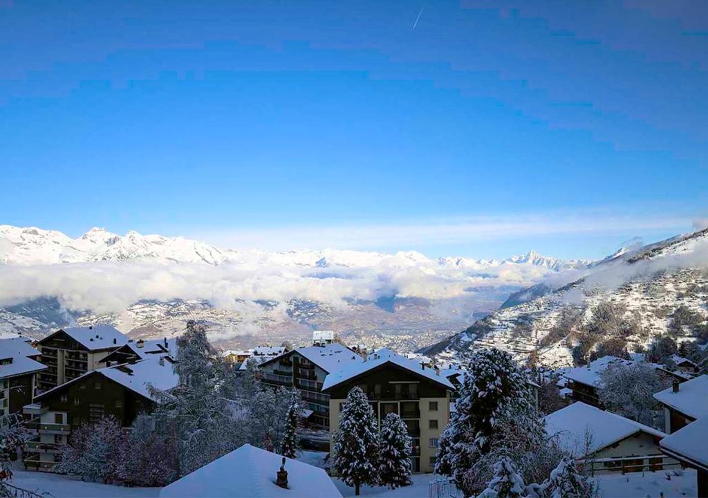 a snow covered city with mountains in the background at Appartement Panoramic in Nendaz