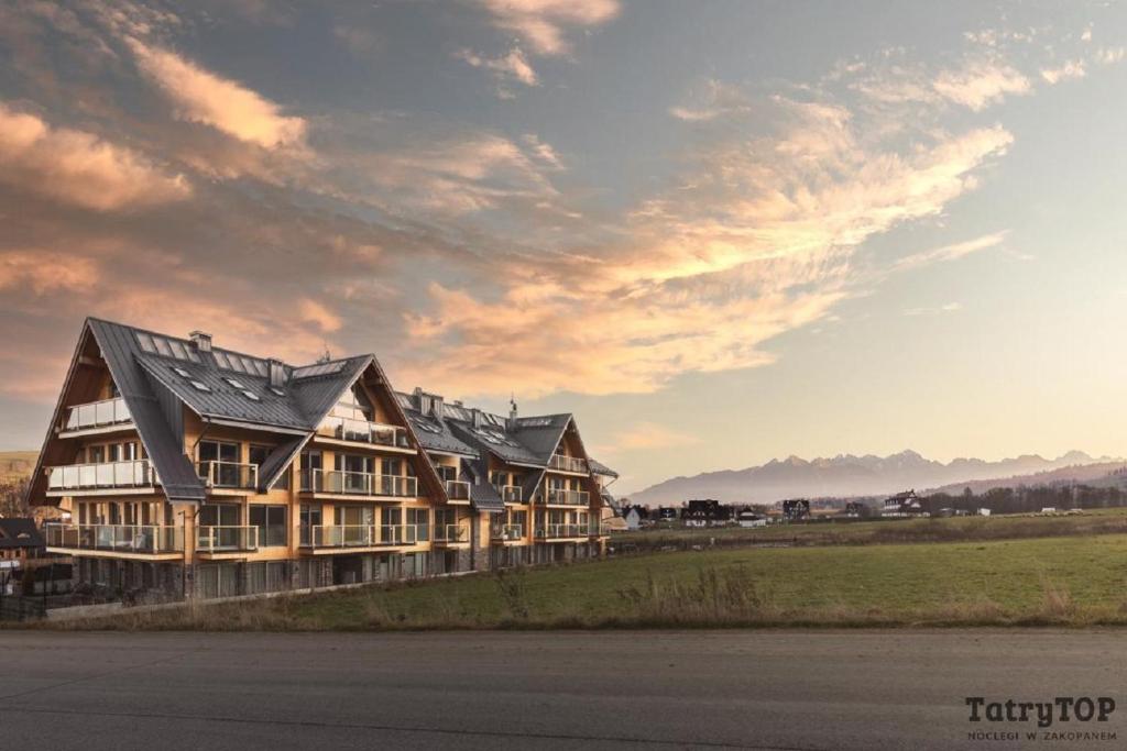 duży drewniany dom na polu z pochmurnym niebem w obiekcie Apartament Stary Drewniany Białka Ski Resort w mieście Białka Tatrzanska