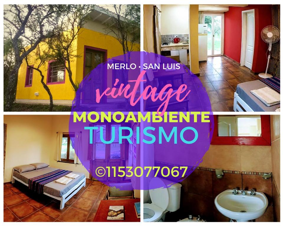 a collage of pictures of a house with a purple umbrella at apartamento VINTAGE LU in Merlo