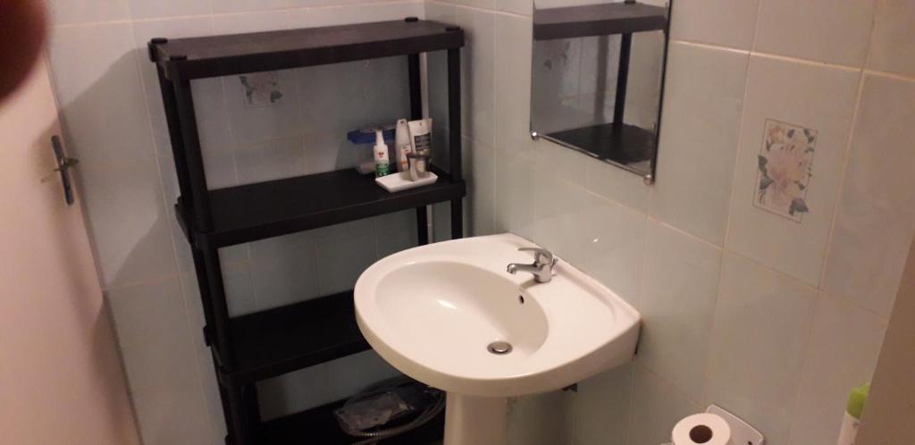 莱昂斯-达赫雷Appartement meublé vue/mer的浴室设有白色水槽和黑色架子。