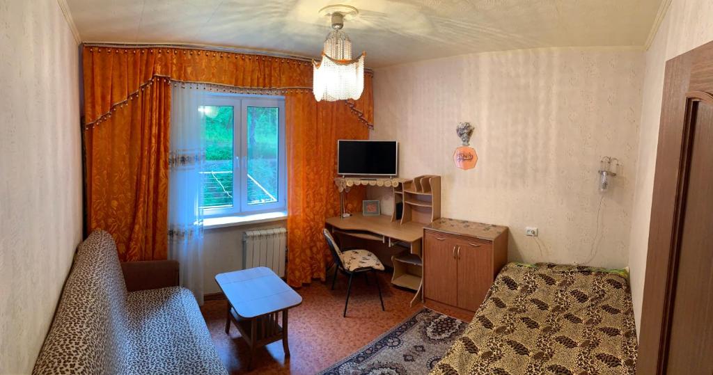 ナホトカにあるKvartira na Makarovaの小さなリビングルーム(デスク、コンピュータ付)