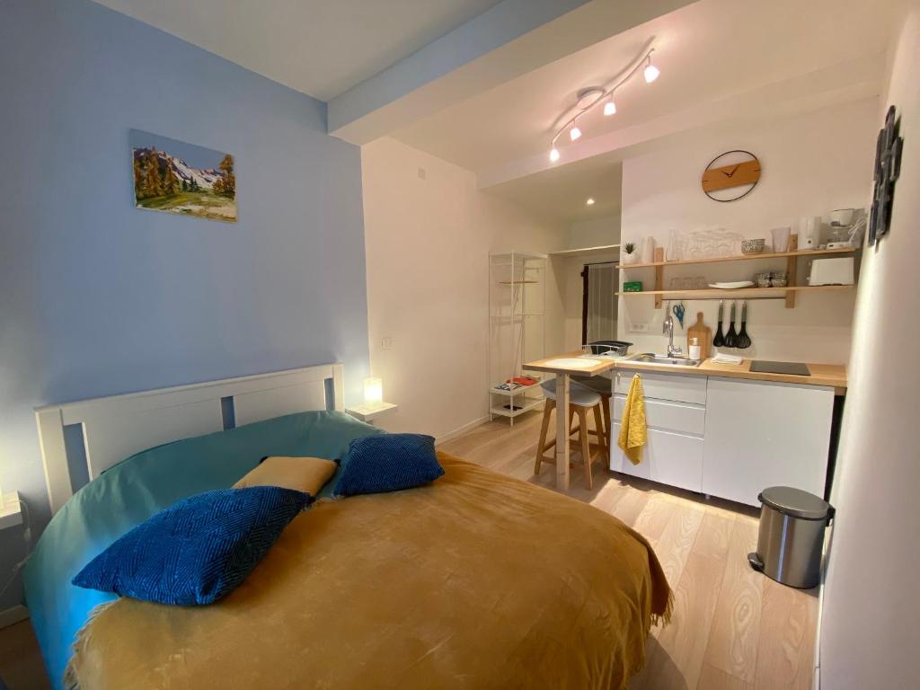 1 dormitorio con 1 cama grande con almohadas azules en Studio très agréable proche de Auron, en Saint-Étienne-de-Tinée