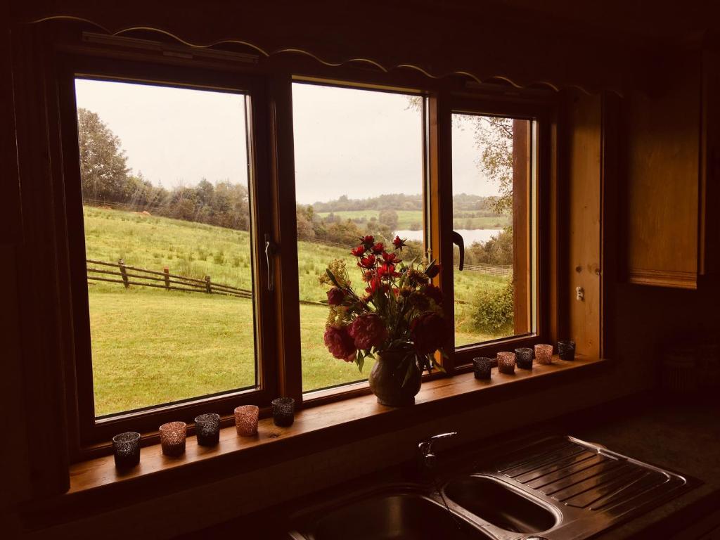 une fenêtre de cuisine avec un évier et un vase de fleurs dans l'établissement 4 Bedrooms with stunning Lake View Drumcoura Lake Resort beside Saloon & equestrian Centre, Lakes & Forest, à Ballinamore