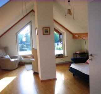 sala de estar con sofá, cama y 2 ventanas en Ferienwohnung Seidel, en Chieming